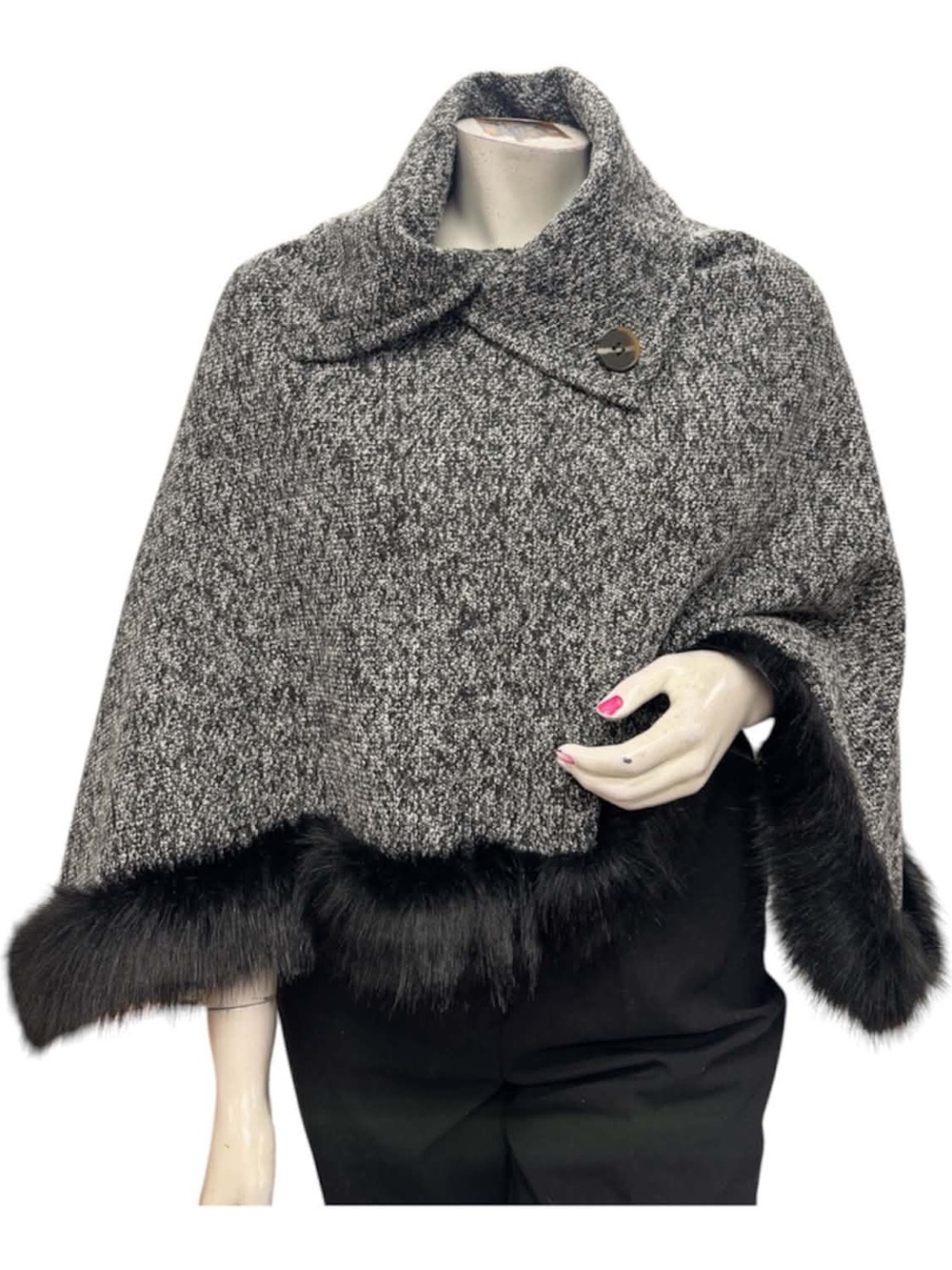 Gray Tweed Faux-Fur Trim Women's Poncho Sweater Size O/S